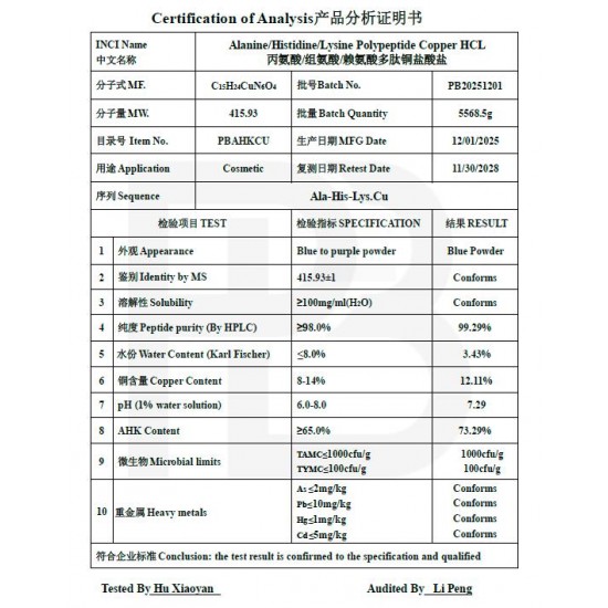 Wholesale AHK-Cu Copper Peptide Scalp Hair Growth Support Lyophilized Copper Tripeptide-3 Hair Follicle Research Compound