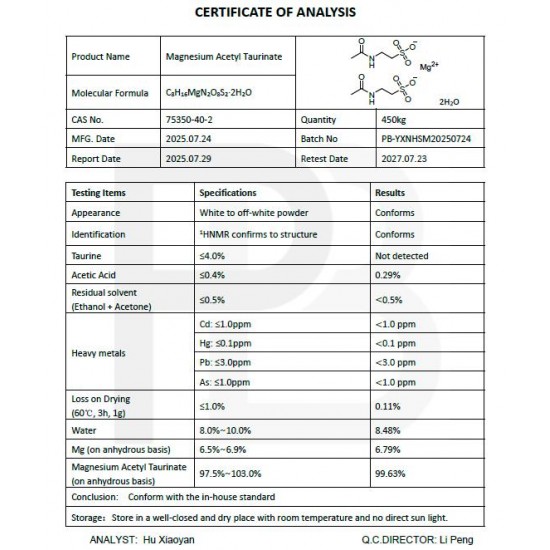 Magnesium Acetyl-Taurate ATA MG Powder Manufacturer CAS 75350-40-2 Supplement by Puronutri