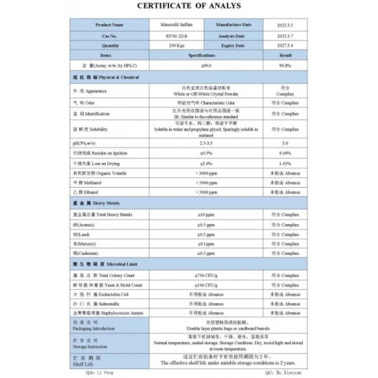 99% Stabilized Minoxidil Sulphate Powder Minoxidil Sulfate Salt USP34 CAS 83701-22-8 Factory Wholesale